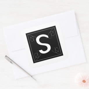 Frame and Flourish Monogram Letter S on White Square Sticker