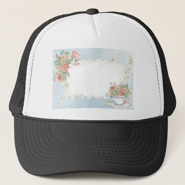 Frame Background Romantic Card Tea Cup Floral Trucker Hat (Front)