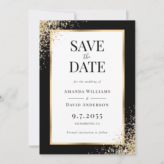 Frame Black Gold Confetti Elegant Wedding Save The Date (Front)