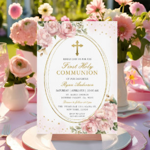Frame Blush pink Roses First Holy Communion  Invitation