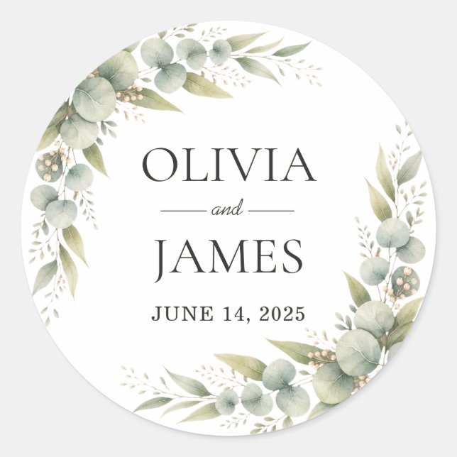 Frame Botanical Eucalyptus Greenery Wedding Classic Round Sticker (Front)