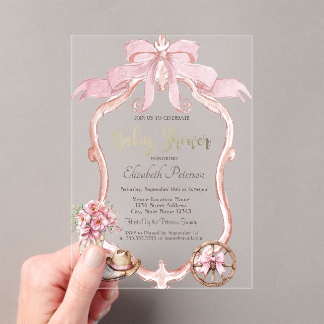 Frame Bow Cowgirl Wester Striped Baby Shower  Acrylic Invitations (Insitu (Handheld))