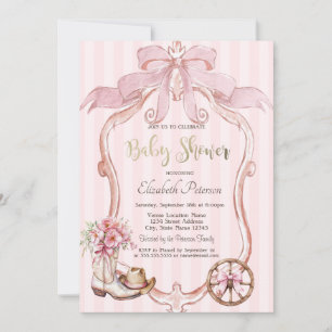Frame Bow Cowgirl Wester Striped Baby Shower Invitation