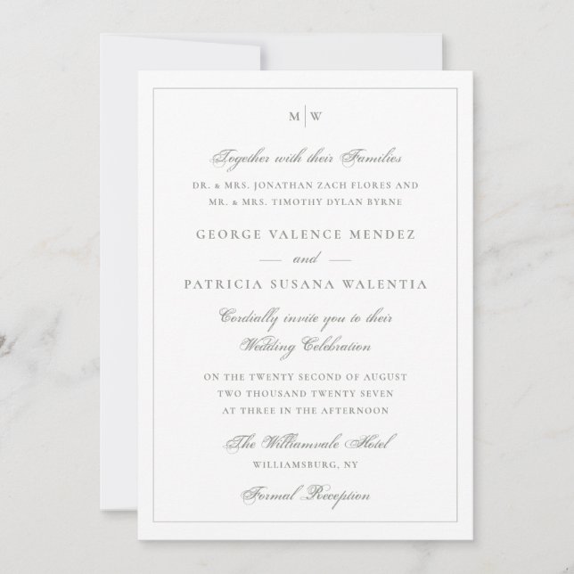 Frame Classic Monogram Sage Grey White Wedding Invitation (Front)