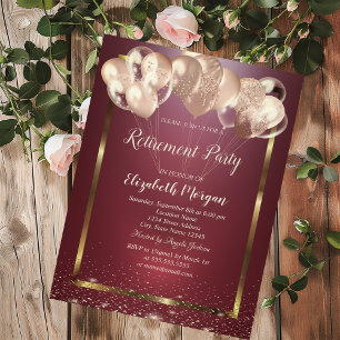 Frame Confetti Balloons Burgundy Retirement Invitation