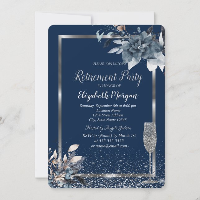 Frame  Confetti Winter Flower Champagne Retirement Invitation (Front)