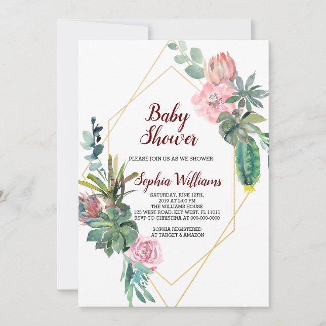 Frame Gold  Boho Cactus Baby Shower Invitation (Front)