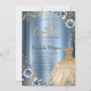Frame Gold Dress Blue Roses Quinceañera  Invitation
