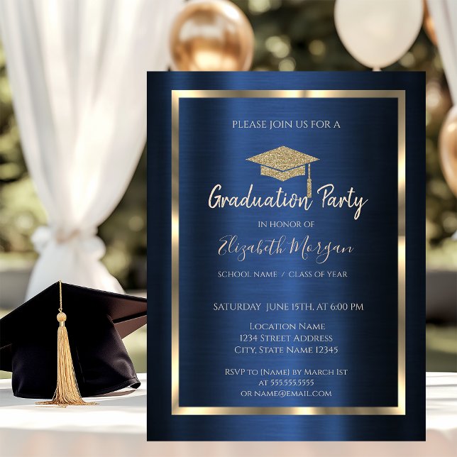  Frame Gold Grad Cap Navy Blue Metallic Invitation (Creator Uploaded)