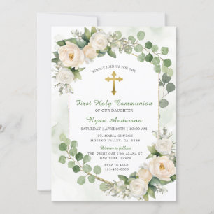 Frame Greenery Floral First Holy Communion Invitation