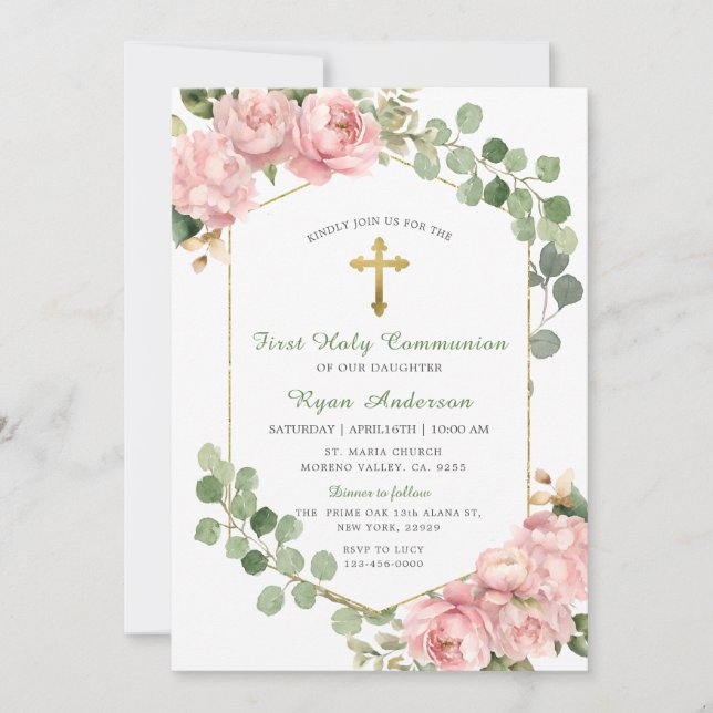 Frame Greenery Pink Roses First Holy Communion  Invitation (Front)