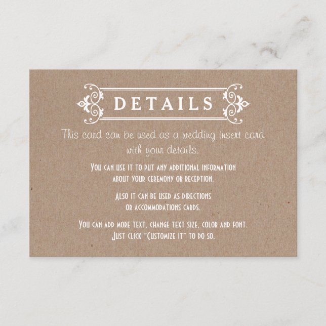 Frame kraft cardboard paper wedding details insert (Front)