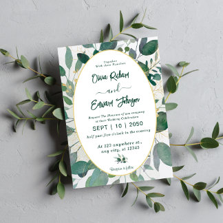 Frame made of green and gold leaves Watercolor  Invitation