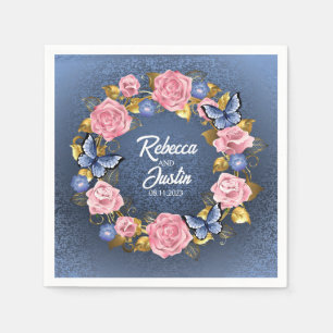 Frame Pink and Blue Roses Floral Modern Boho Napkin