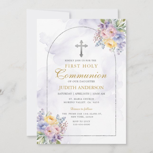 Frame Purple Roses First Holy Communion  Invitation (Front)