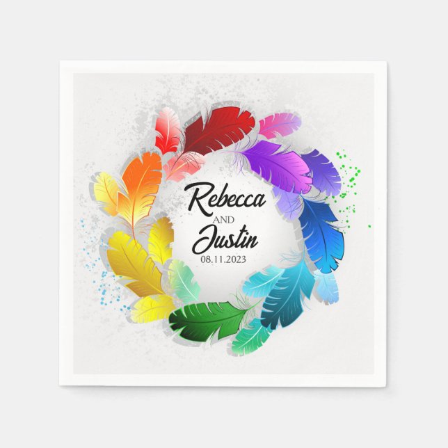 Frame Rainbow Feathers Floral Modern Boho Napkin (Front)