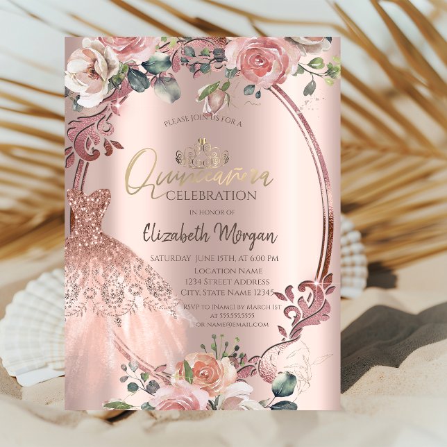 Frame Swirls Blush Flowers Dress Quinceañera Invitation (Creator Uploaded)