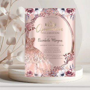 Frame Swirls Boho Flowers Dress Quinceañera Invitation