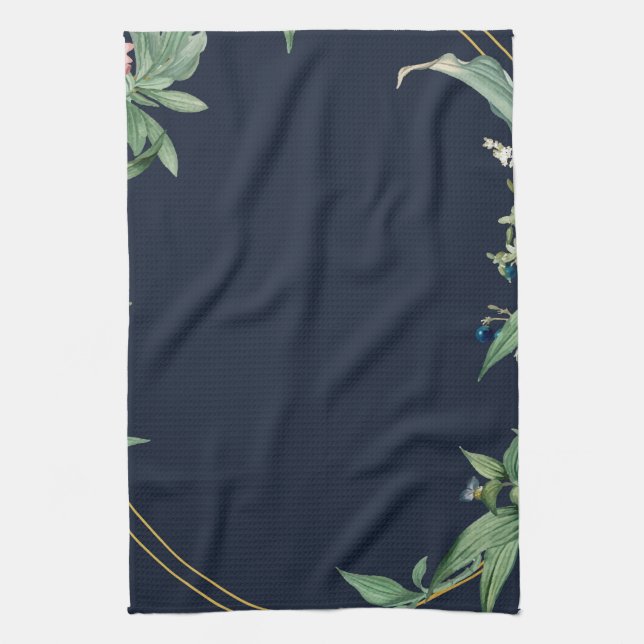 Frame with Green Leaves navy Tea Towel (Vertical)
