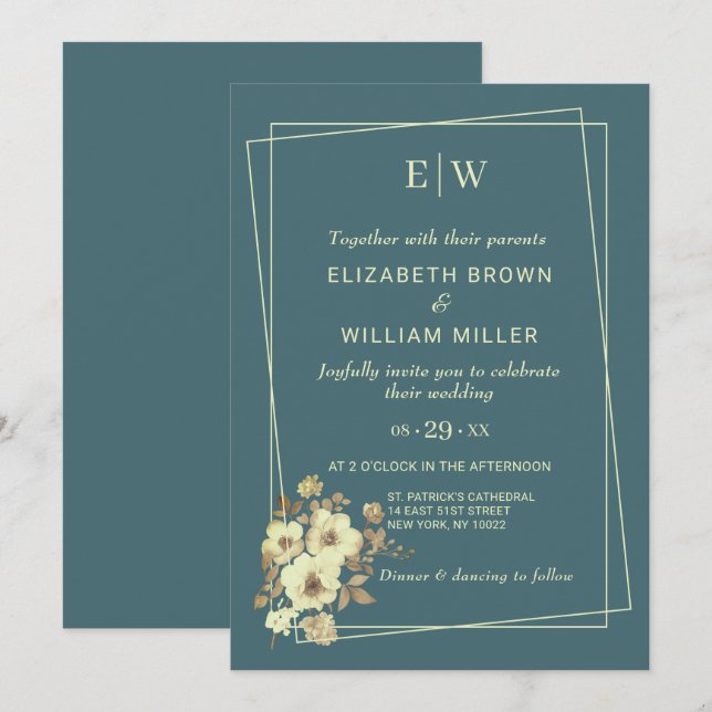  Frame with Roses, Wedding style on Marine Blue Invitation (Front/Back)