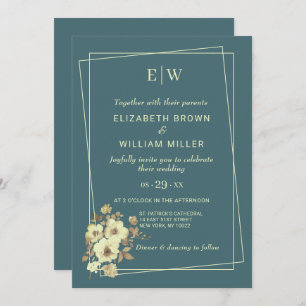  Frame with Roses, Wedding style on Marine Blue Invitation