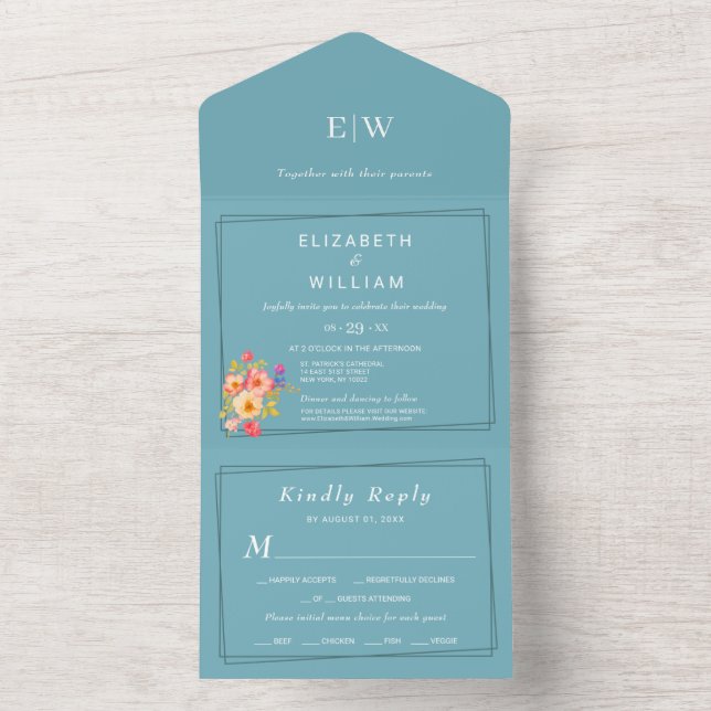  Frame with Roses, Wedding style on retro blue All In One Invitation (Inside)