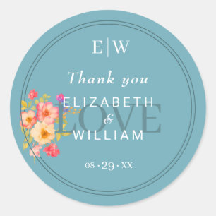 Frame with Roses, Wedding style on retro blue Classic Round Sticker