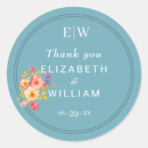 Frame with Roses, Wedding style on retro blue Classic Round Sticker