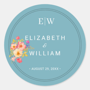 Frame with Roses, Wedding style on retro blue Classic Round Sticker