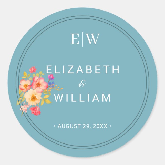  Frame with Roses, Wedding style on retro blue Classic Round Sticker (Front)