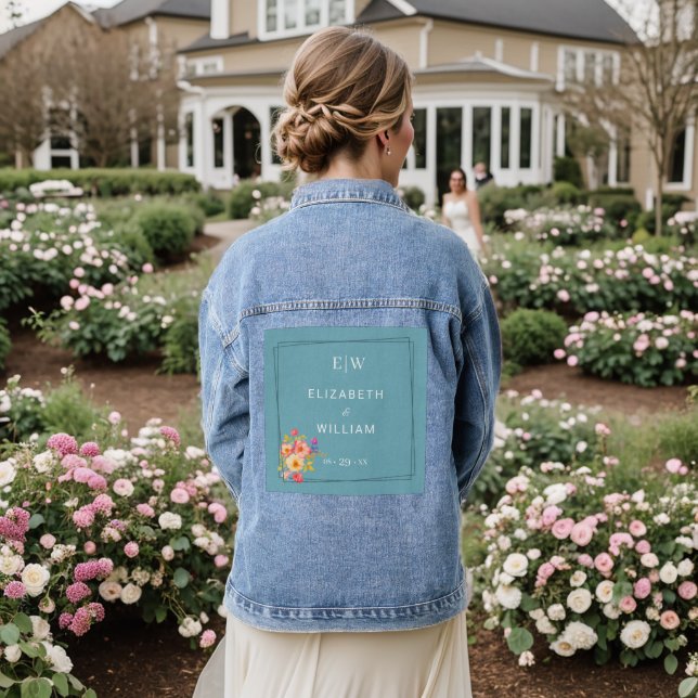  Frame with Roses, Wedding style on retro blue Denim Jacket (Wedding Back)