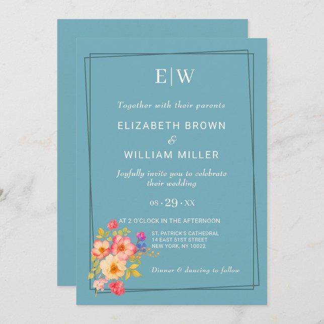  Frame with Roses, Wedding style on retro blue Invitation (Front/Back)