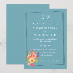 Frame with Roses, Wedding style on retro blue Invitation