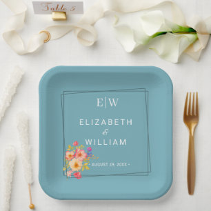 Frame with Roses, Wedding style on retro blue Paper Plate
