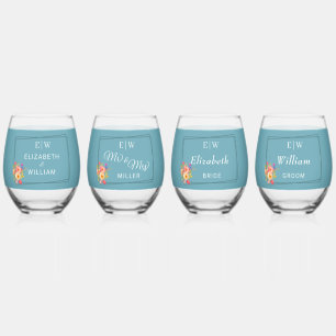 Frame with Roses, Wedding style on retro blue Stemless Wine Glass