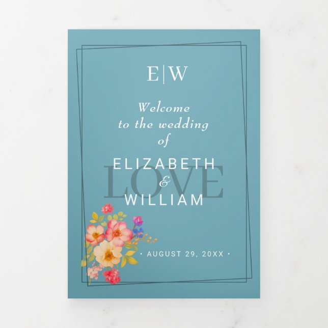  Frame with Roses, Wedding style on retro blue Tri-Fold Programme (Cover)
