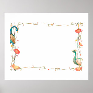 Frame with watercolor peacock and flower pattern Poster