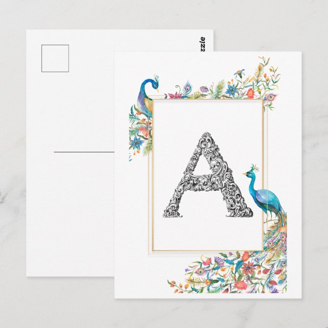 Frame with watercolor peacocks and flowers - A Postcard (Front/Back)