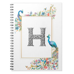 Frame with watercolor peacocks and flowers - H Notebook
