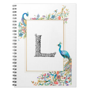 Frame with watercolor peacocks and flowers -L Notebook