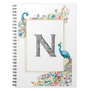 Frame with watercolor peacocks and flowers - N Notebook