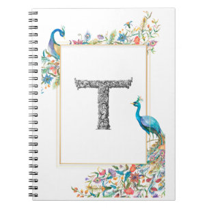 Frame with watercolor peacocks and flowers - T Notebook