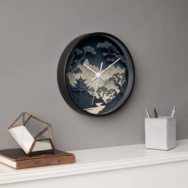 Framed 3D Chinese Landscape Grey Wall Clock (Office)