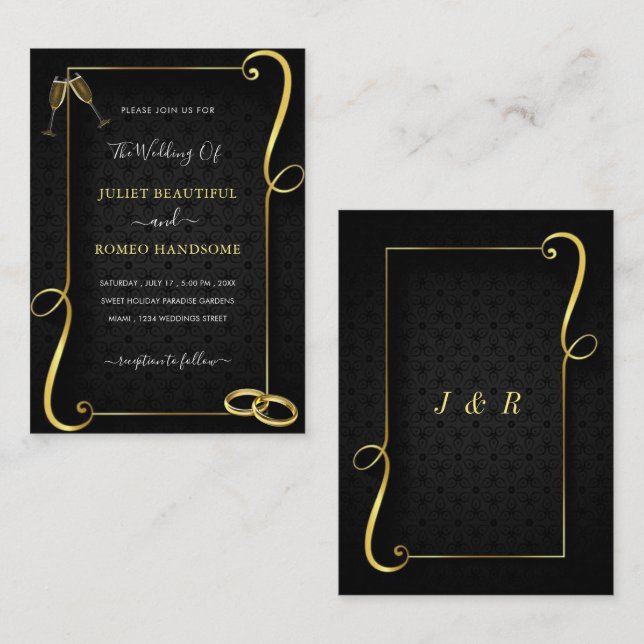 Framed Black and Gold Wedding Invitation Example (Front/Back)