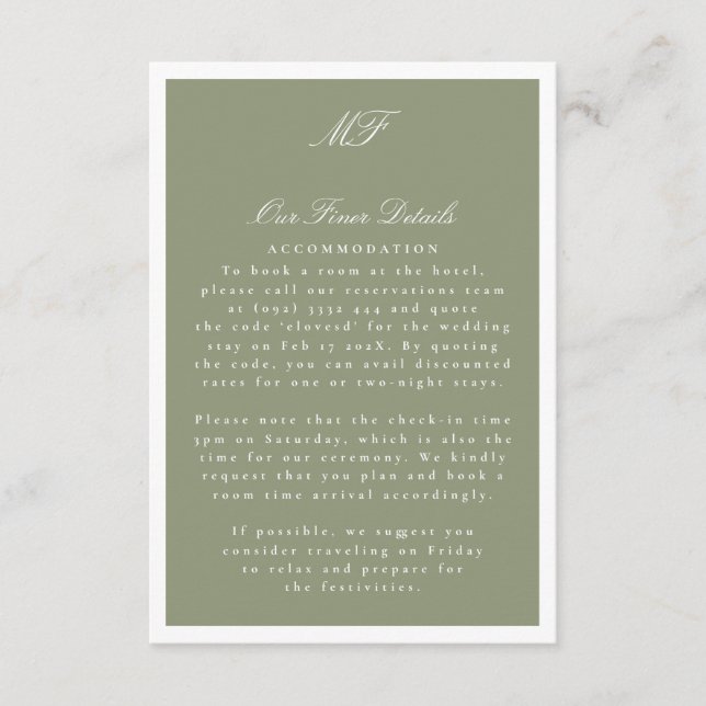 Framed Classic Formal Sage Wedding Details Info Enclosure Card (Front)