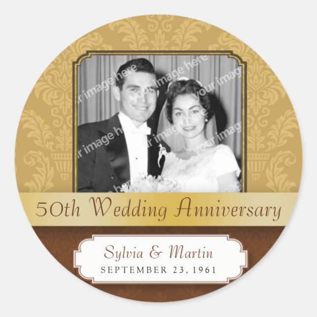 Framed Damask Golden 50th Anniversary Classic Round Sticker (Front)