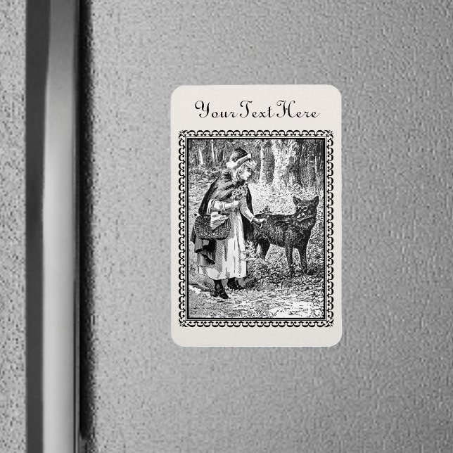 Framed Drawing Little Red Riding Hood Wolf Woods Magnet (Framed Black White Little Red Riding Hood in Forest with Wolf on rectangle magnet.)