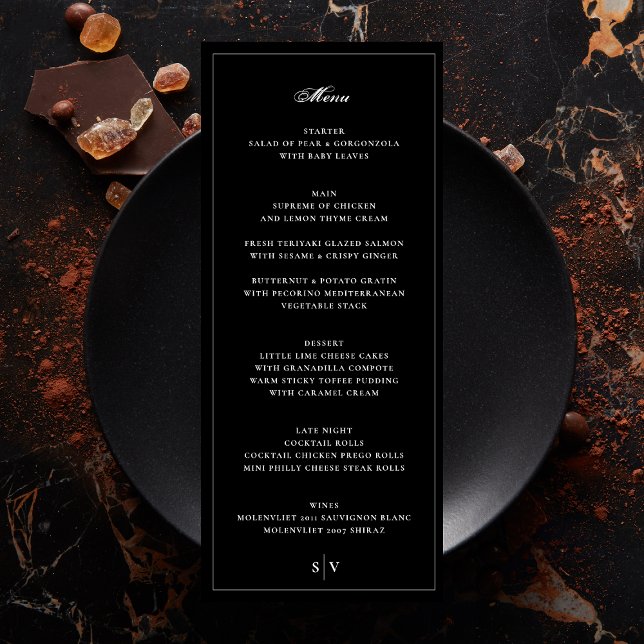 Framed | Elegant Monogram Black Wedding Menu (Creator Uploaded)