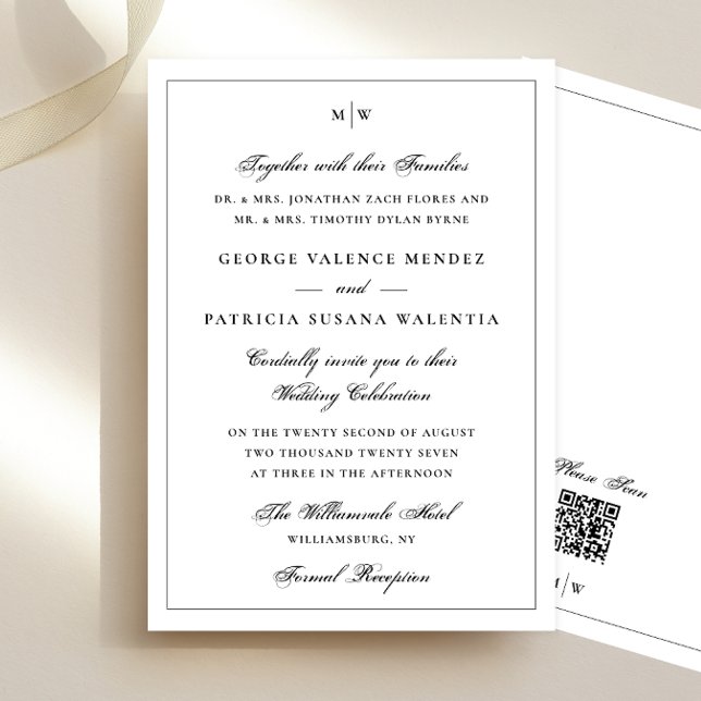 Framed | Elegant Monogram White QR code Wedding Invitation (Creator Uploaded)