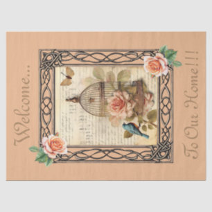 Framed Floral Bird Cage & Script Decoupage  Tissue Paper